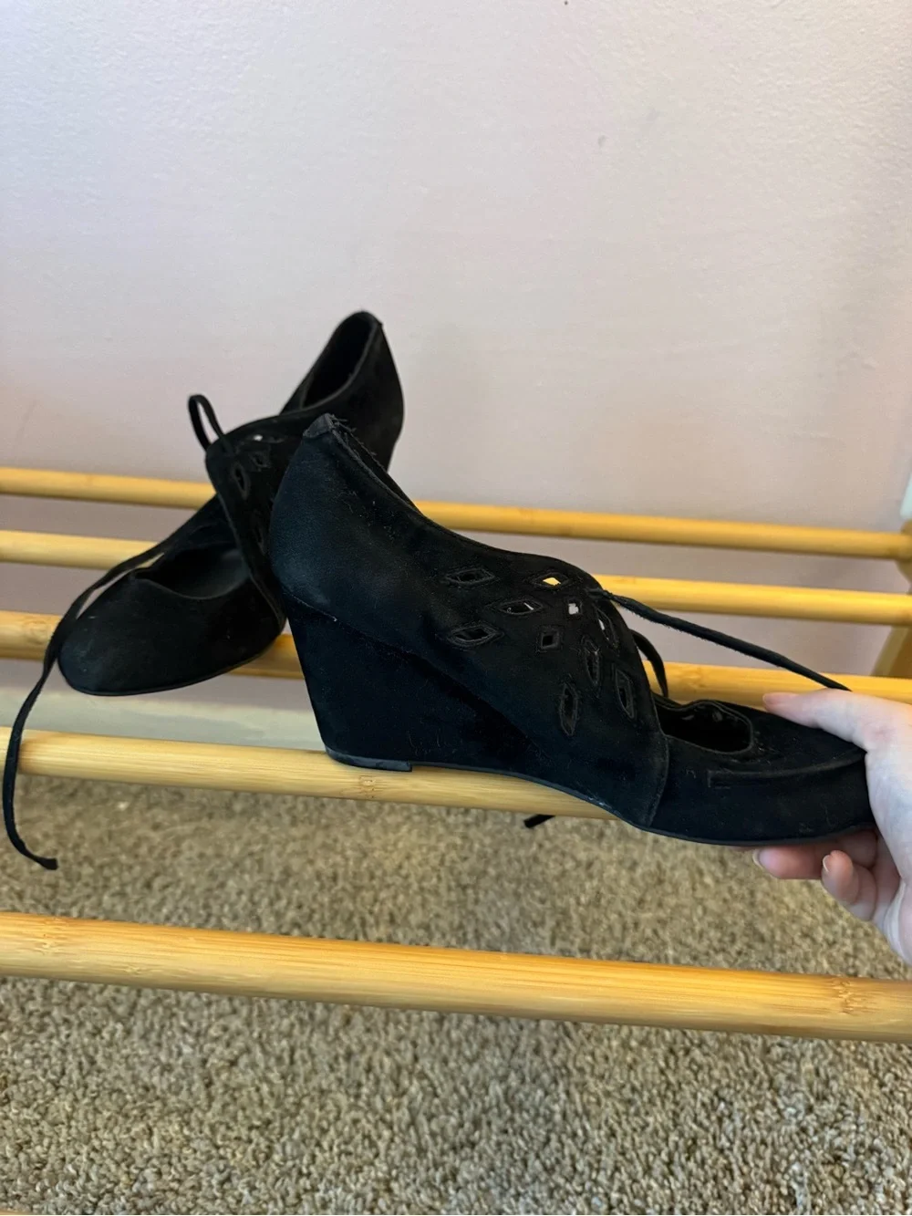 Apostrophe Black Suede Lace-Up Cutout Wedges